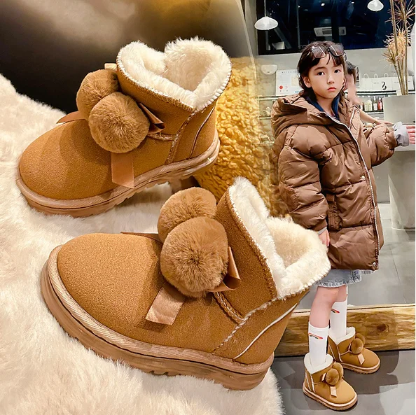 

Girl Snow Boots Elegant New Children's Winter Boots Sweet Bowknot Ball Hairball Kids Fashion Warm Plush Princess Cotton Boots