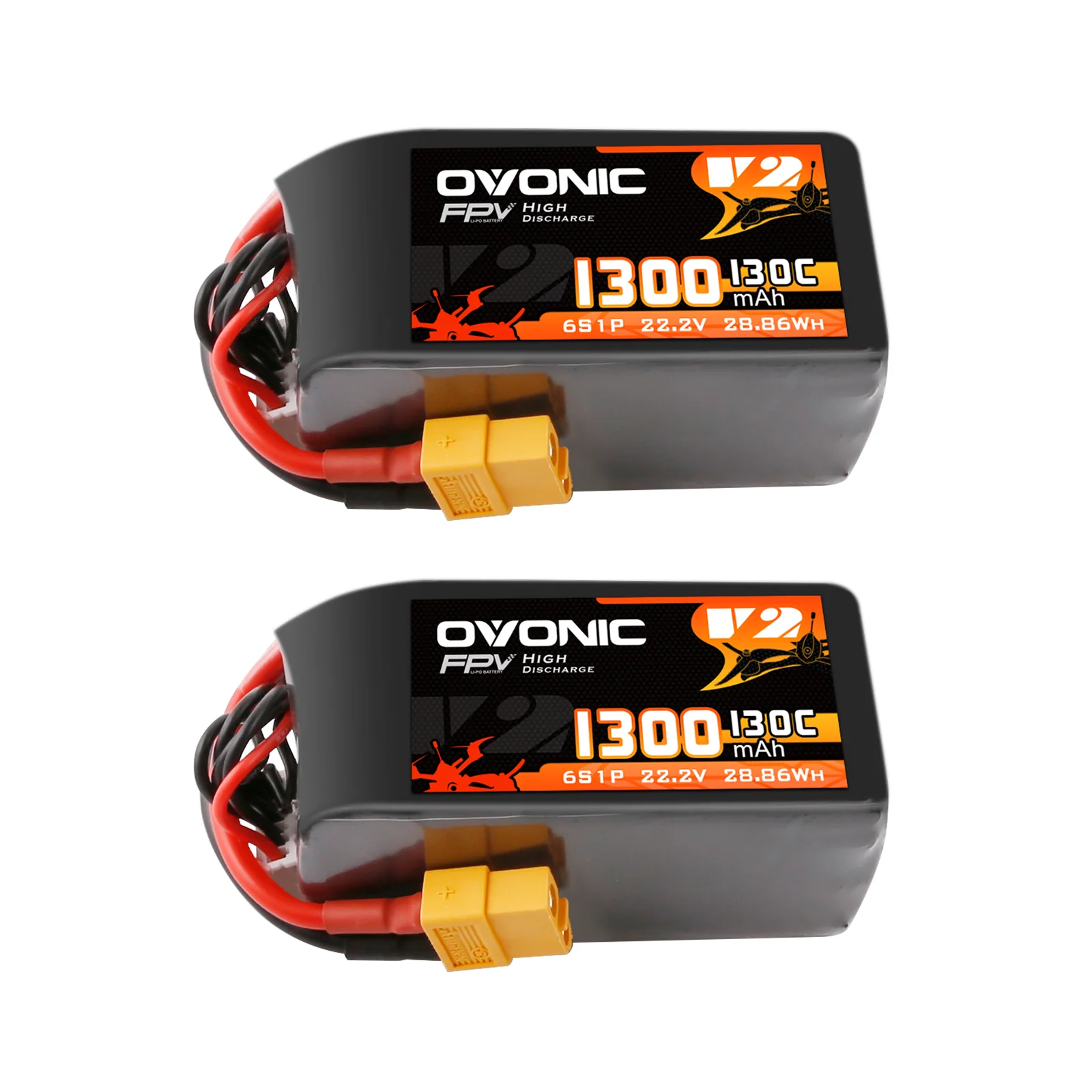Batería Lipo OVONIC 6s 1300 mAh 22,2 V 130C con conector XT60 Reble Series 2.0 para RC FPV (2 piezas)