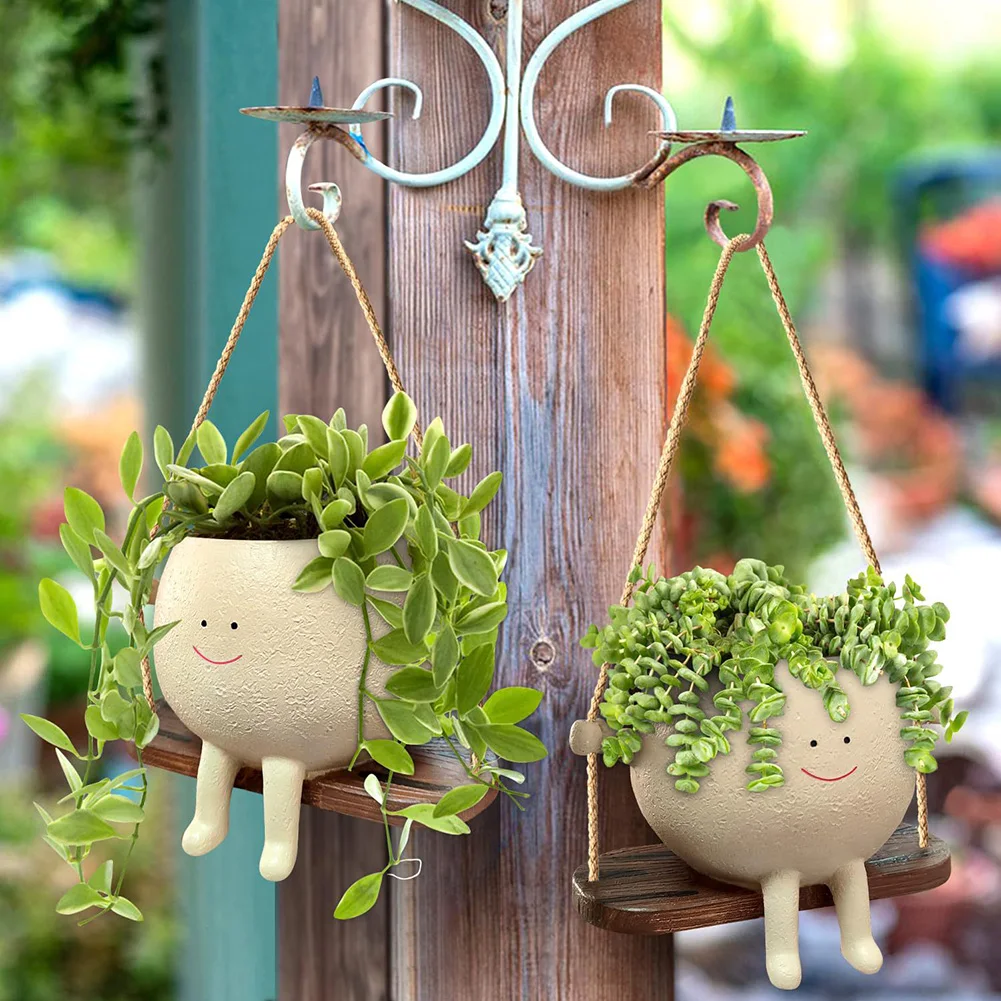 Flower Pot Wall Planter Swing Face Planter Pot Resin Smiling Face Planter Creative Wall Hanging Head Planter Garden Accessories