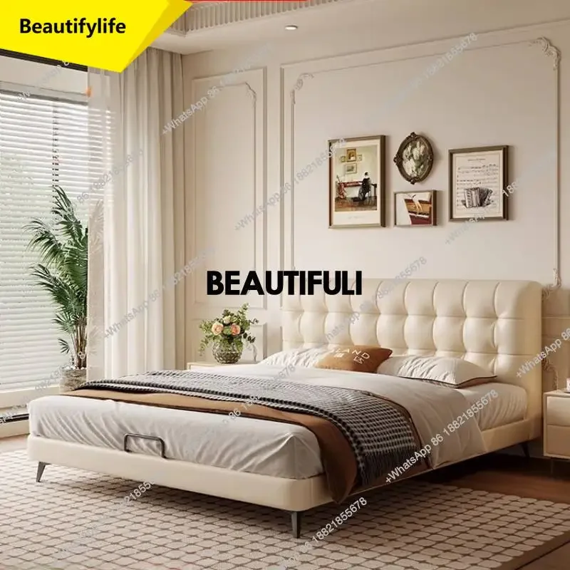 

Q181 Leather Beige Design Double Bed Luxury Unique Modern Pliable Double Bed Storage Wooden Japanese Cama Matrimonial Furniture