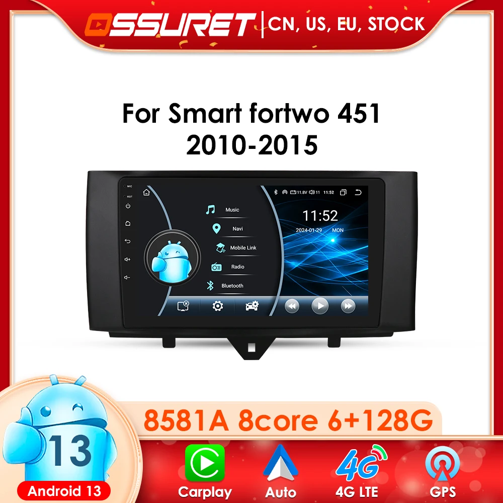 

2 din Carplay Android Auto Radio Multimedia Navigation Display For Smart Fortwo 2010-2015 Stereo BT GPS RDS SWC 4G Android 13