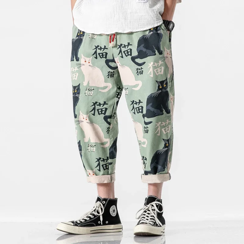 

Man Streetwear Harem Cat Printed Casual Pants Summer Mans Hip Hop Retro Loose Japanese Joggers Men's Cartoon Print Sweatpants