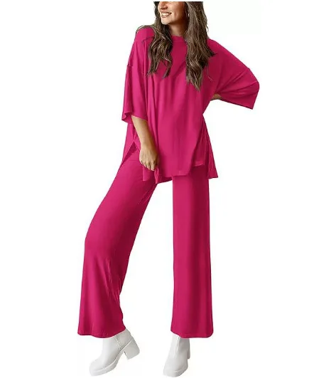 Set Kasual Wanita Atasan Lengan Pendek Kerah Bulat Celana Kaki Lebar Untuk Set Olahraga Musim Panas Musim Semi Musim Gugur