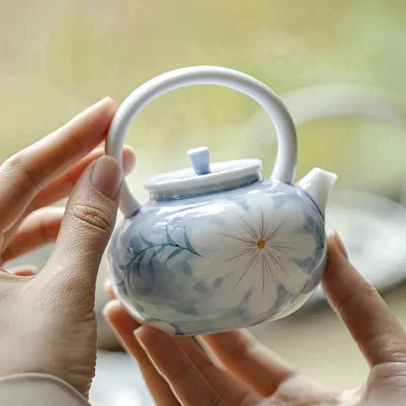 Jade Clay Hand Painted Ink Flower Lifting Teapot Kung Fu Tea Set Ceramic Home Ball Hole Filter Brewing Pot