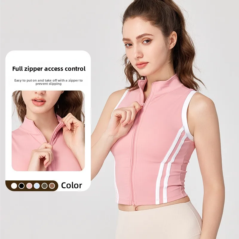 

Спортивный жилет без рукавов с воротником-стойкой Spicy Girl на молнии со встроенным бюстгальтером, облегающий женский топ для фитнеса в американском стиле с цветными блоками
