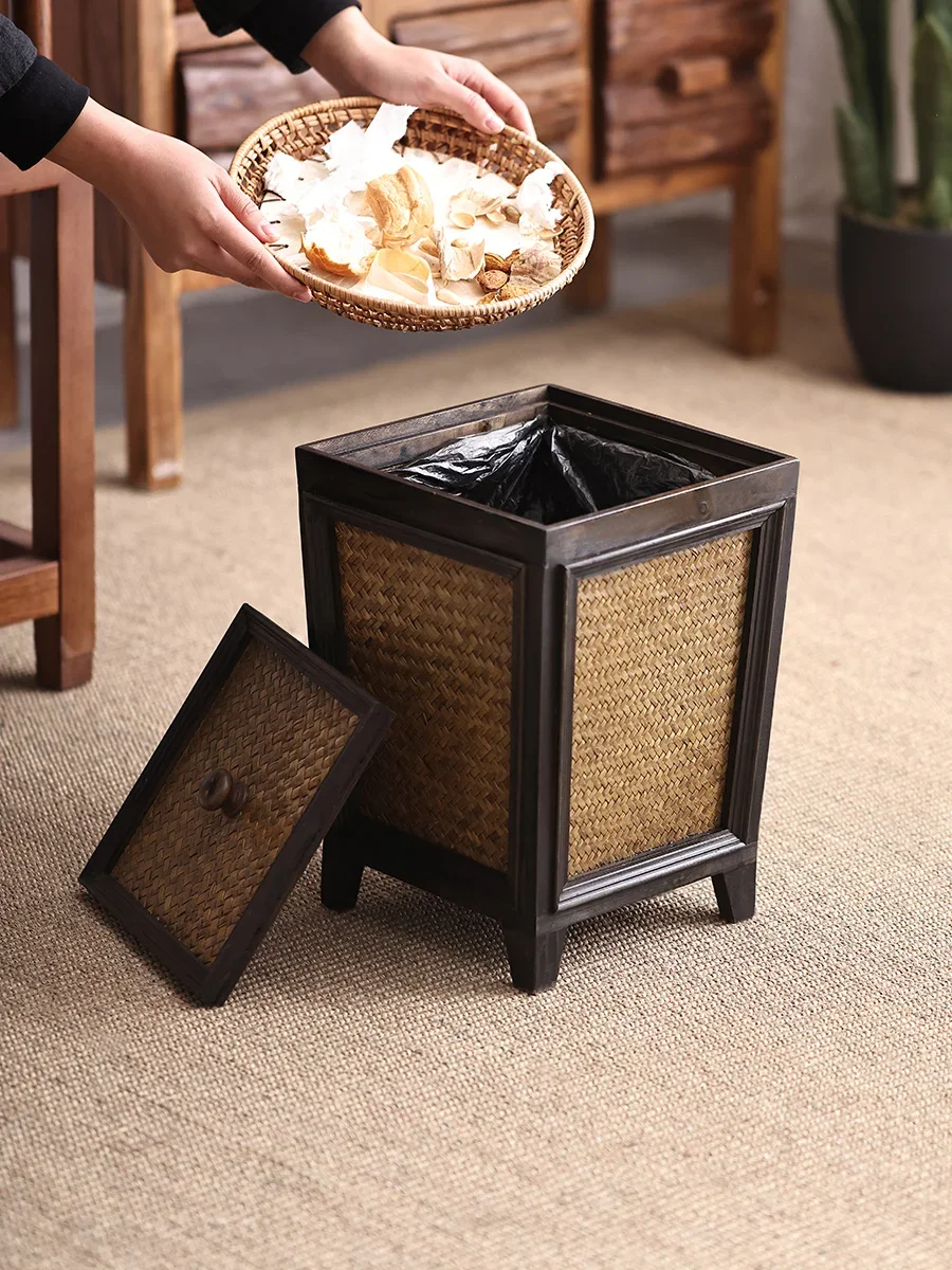 Vintage wooden paper basket with lid, living room, tea room, antique bamboo woven garbage basket, household