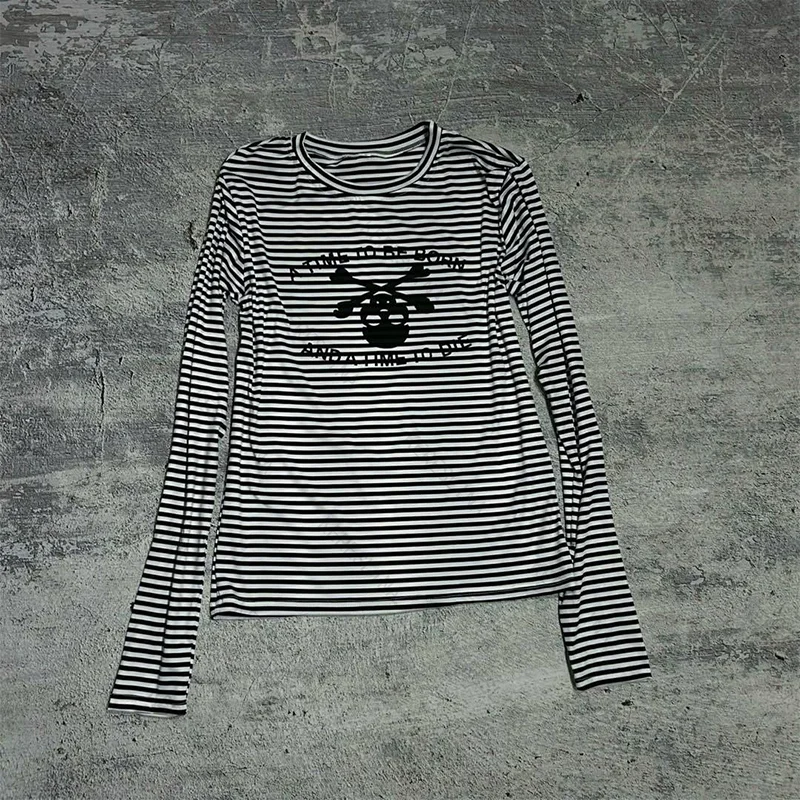 Punk Hip Hop Retro Goth Y2k Gestreiftes Langarm-T-Shirt Top Europäische und amerikanische trendige Mode Bequemes, vielseitiges T-Shirt