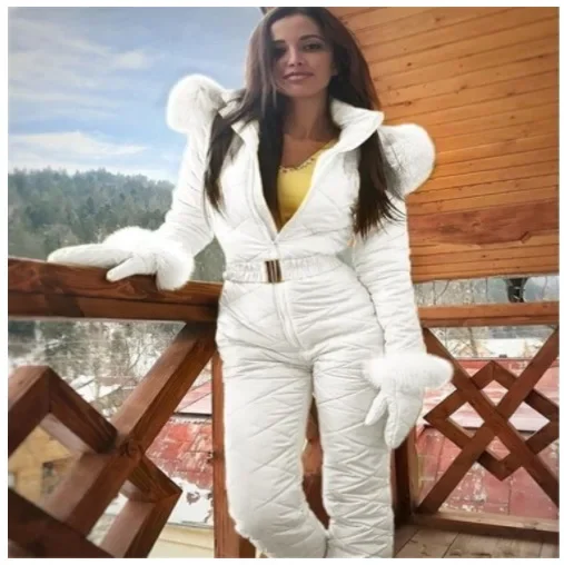 Outdoor Jumpsuit Zipper Skiing Hooded Women Warm Winter Faux Fur Collar Fleece Jumpsuit