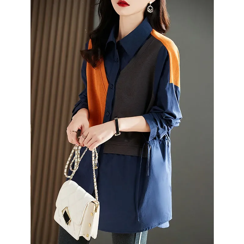 

Рубашка женская с рукавами-фонариками, модная дизайнерская блузка во французском стиле, деловая Повседневная офисная одежда в стиле пэчворк, однобортный Топ