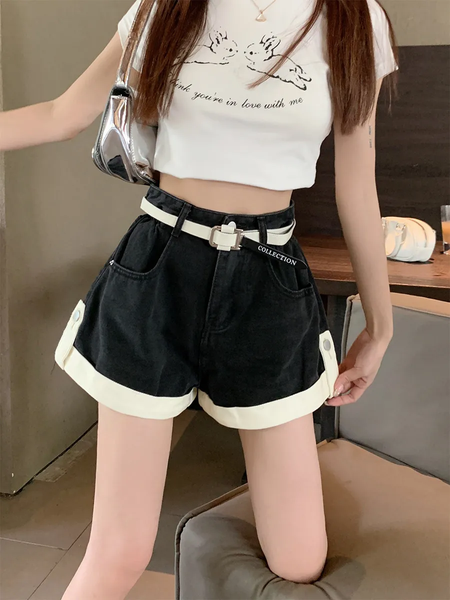 Women's Rolled Edge Denim Shorts Summer Thin High Waisted A-line Shorts Retro Casual Color Blocking Wide Leg Hot Pants