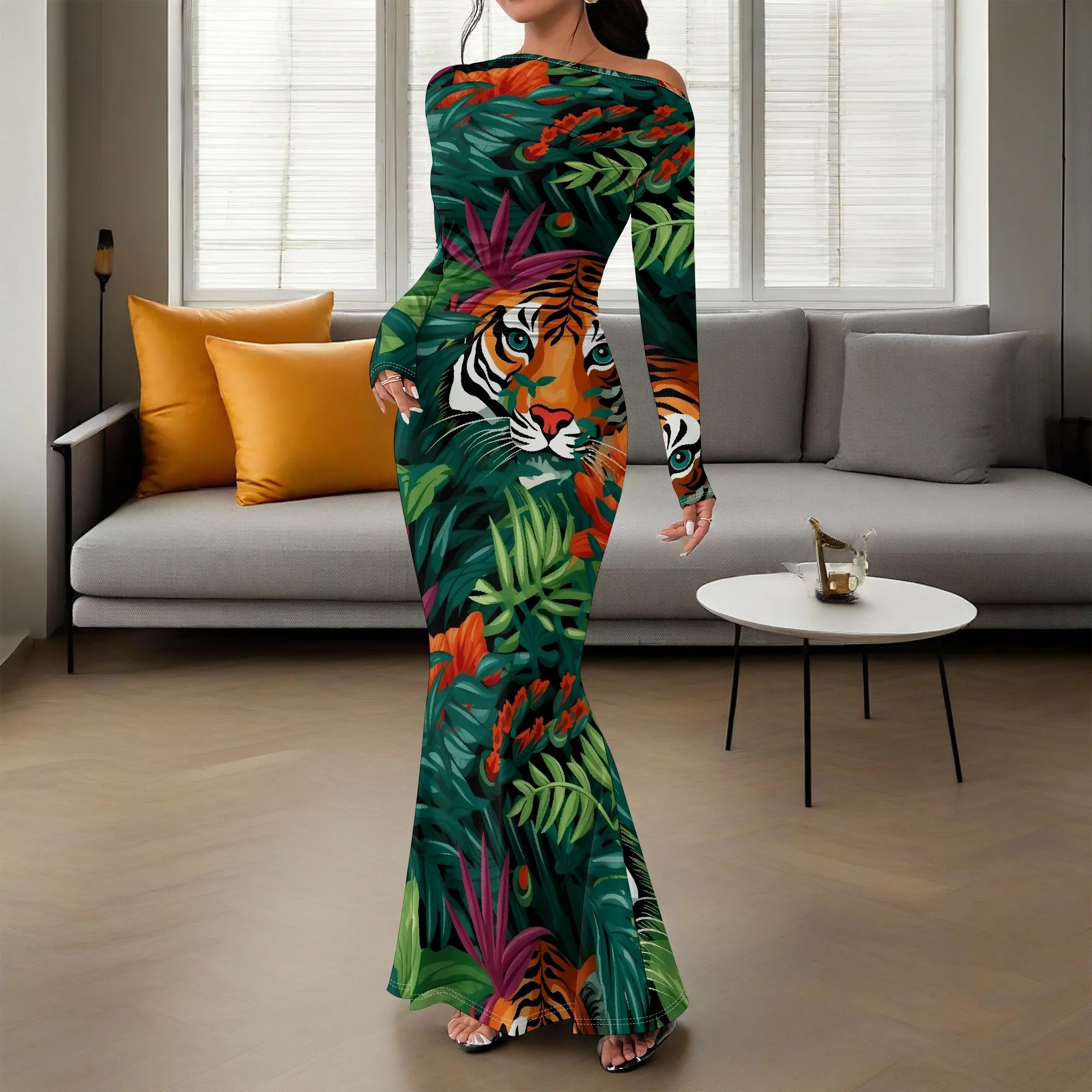 

Women's Off Shoulder Tiger Print Maxi Dress XS-3XL 2025 Elegant Long Sleeve Mermaid Dress for Jungle Party or Evening Wear
