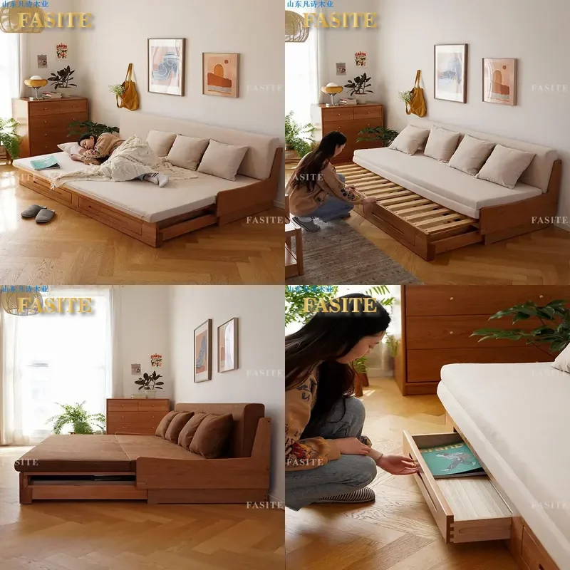 For Small Apartment Cherry Wood Solid Wood Sofa Bed Retractable Storage Tech Cloth Pull-out Sitting Lying Multi-functional