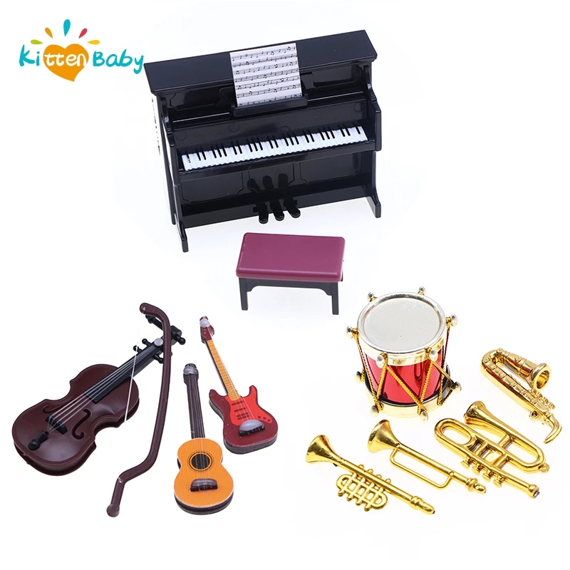 12PCS Miniature Jazz Drum Kit Model Mini Microphone Cymbal Musical Instrument 1/12 1/6 Dollhouse Mini Piano Guitar Saxophone Set