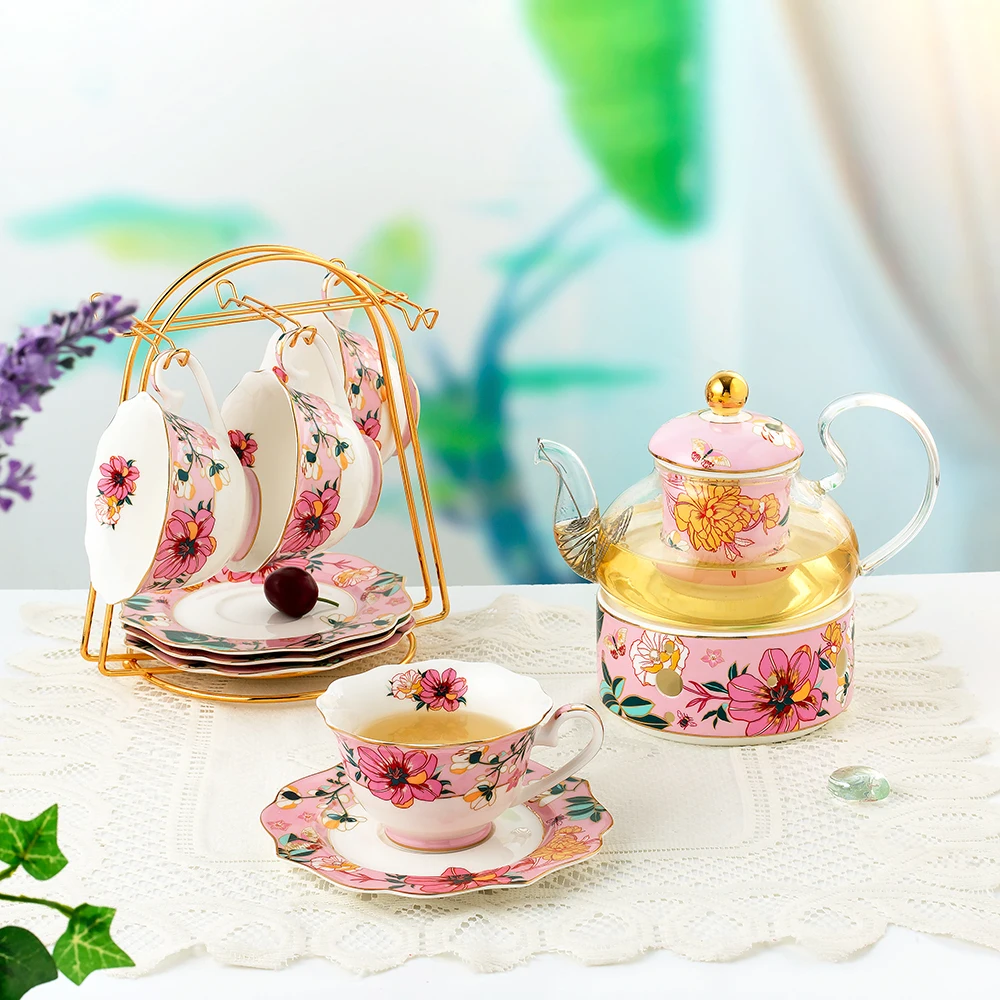 Luxury New Style Elegant Design Ceramic Bone China Tea Set Coffee Cup and Saucer with Tea Pot and 2 Tires Cake Stand for Gift