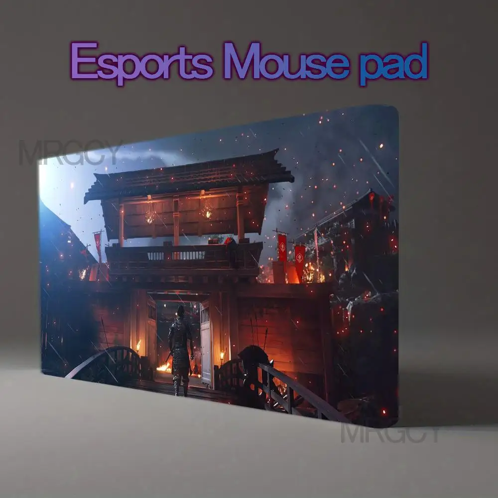Samurai Warrior Japanese Castle Gate Rainy Night Battle Scene Gaming Mouse Pad Large Keyboard Desk Mat tapis de souris