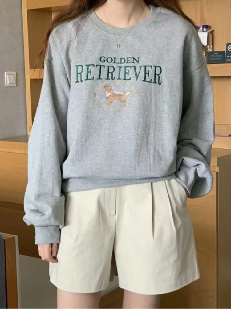 Ele Autumn Lazy Sle ronde Ne Overhead geborduurde letter Heavy Work Long Sve Sweatshirt dames losse pasvorm comfortabel