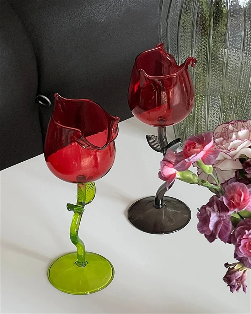 Vidro De Forma De Rosa Transparente Com Folha Transparente, Coquetel, Casamento Dos Namorados, Presente De Decoração De Mesa, Copo De Vinho