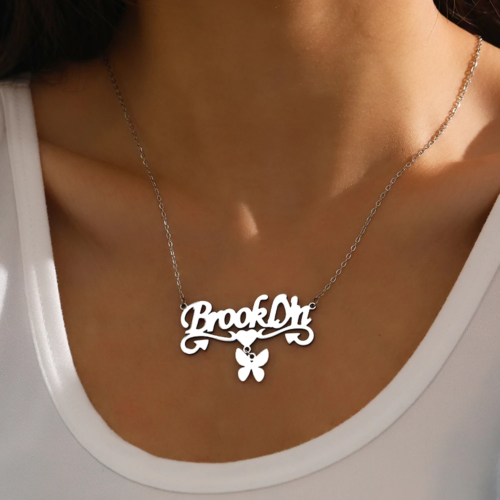 

Personalized Customized Name Necklace Stainless Steel Butterfly Pendant Ladies Sweet Romantic Jewelry Birthday Anniversary Gift