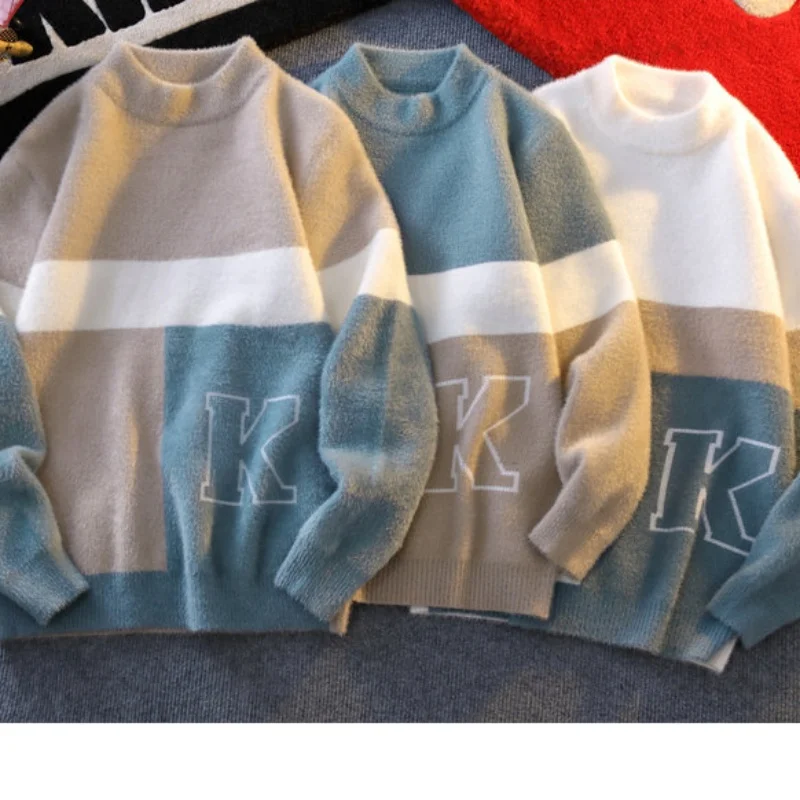 Men's Designer Original Color Block Fuzzy Knit Sweater Half Mock Neck Pullover Soft Warm Plush Autumn Winter Casual Men's Wear