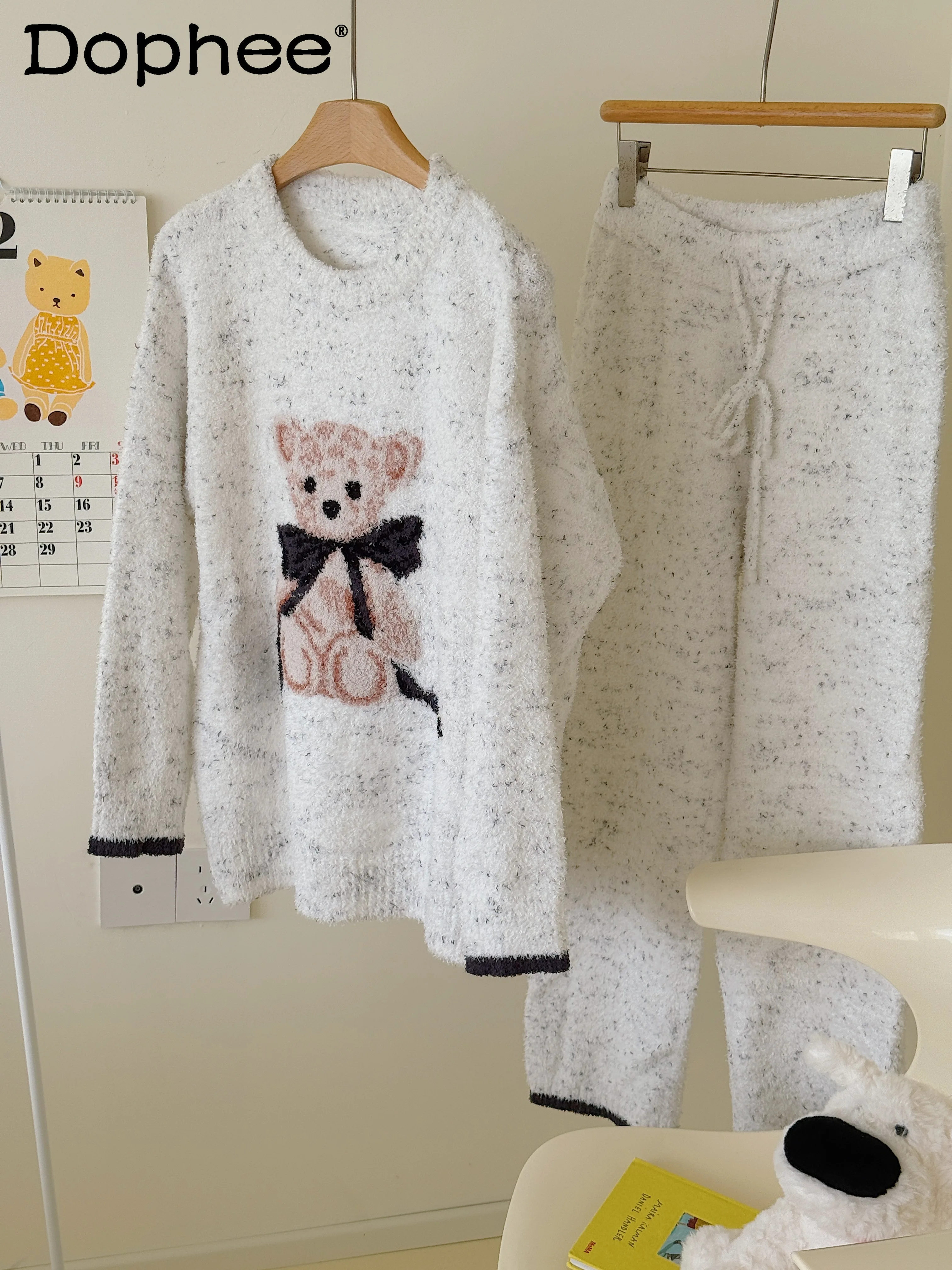 

Осенний утолщенный пижамный комплект с мультяшным медведем и круглым вырезом, длинными рукавами, носимый на открытом воздухе, повседневная свободная удобная домашняя одежда для женщин