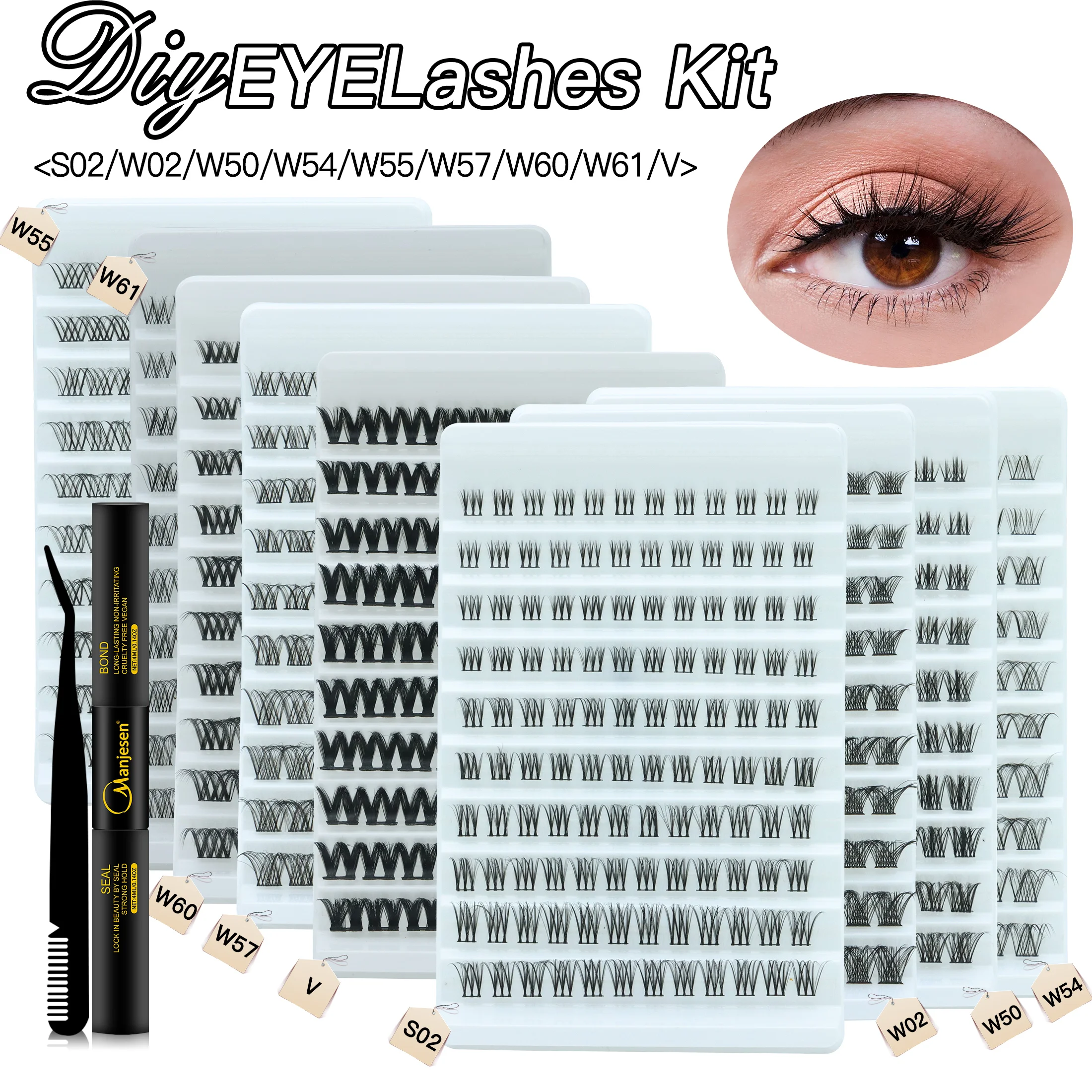 Kit de faux cils DIY avec 200 grappes, aspect naturel, cils individuels en plusieurs styles pour un usage domestique, ensemble de maquillage complet
