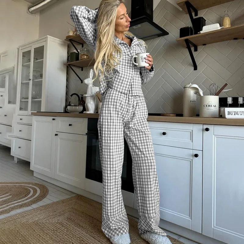 

Комплект пижам из высококачественного хлопка и шелка в стиле ретро с клетчатым узором, осень-зима, с длинными рукавами, для дома, размер L, 2 предмета, для Европы и Америки