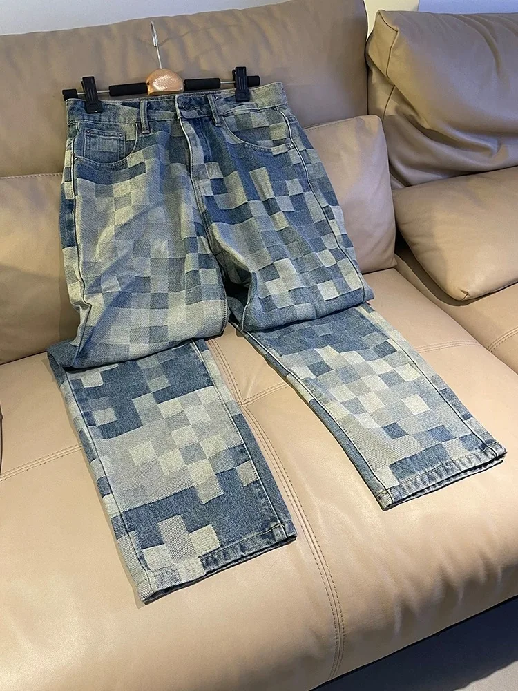 

Мужские джинсы American High Street Mosaic Cheerboard свободного кроя, прямые, длинные, осенние, модные, брендовые, в стиле стритвир