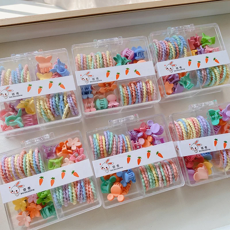 Cute Candy-colored Hair Accessories Set: Square Box with Colorful Hair Ties and Mini Hair Clips, suitable for Girls and Children