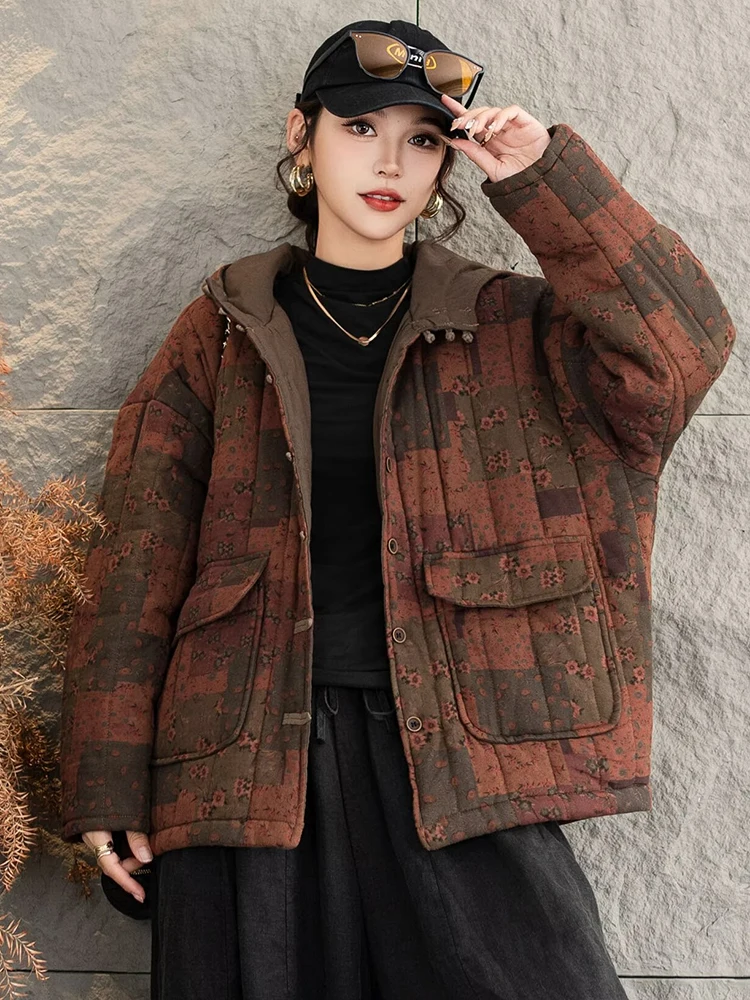 Masss Wasss Winter Chinese Womens Fashion Quilted Warm Hooded Jacket Ladies Casual Printed Loose Coats Vintage Big Size Parkas