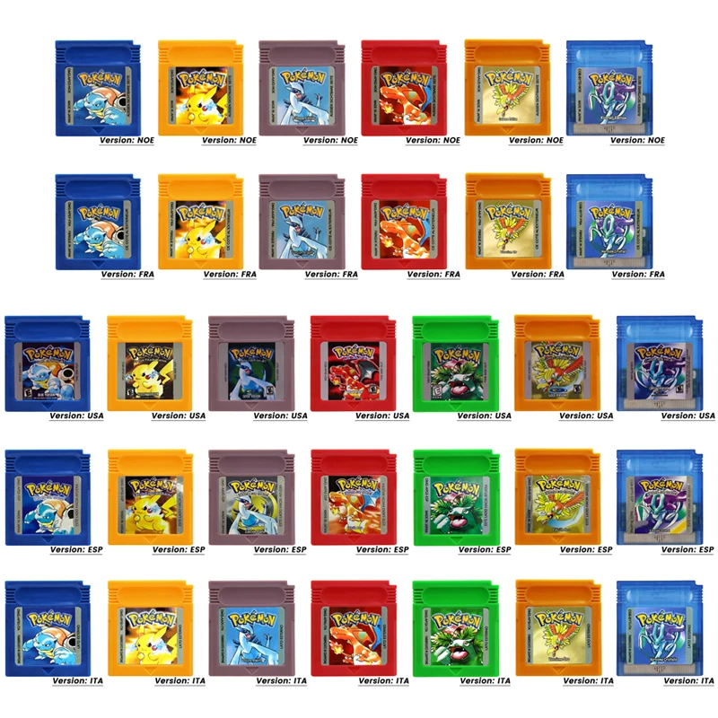 Pokemon GBC Video Game Console Cartucho, Multilanguage Console Card, Cristal Azul, Dourado, Verde, Vermelho, Prata, Amarelo, 16 Bit, Presente para Fãs