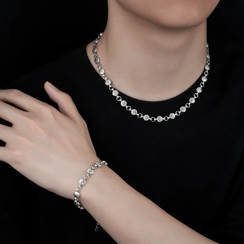 Trendy Men Titanium Steel Chrome Floral Necklace Bracelet Retro Premium‑Feel Personalized Hand & Neck Jewelry for Daily Outfits