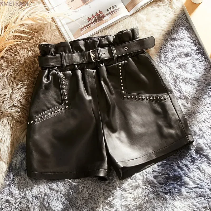 Real Leather Shorts Womens Korean Fashion Clothes for Women High Waist Short Genuine Sheepskin Short Pants Women Shorts Rivets