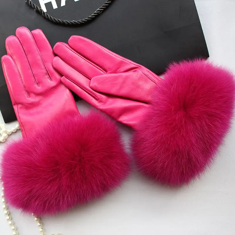 Natural Fox Fur Sheepskin Warm Leather Gloves for Women Winter Plus Velvet Genuine Leather Outdoor Drive Windproof Gloves Female