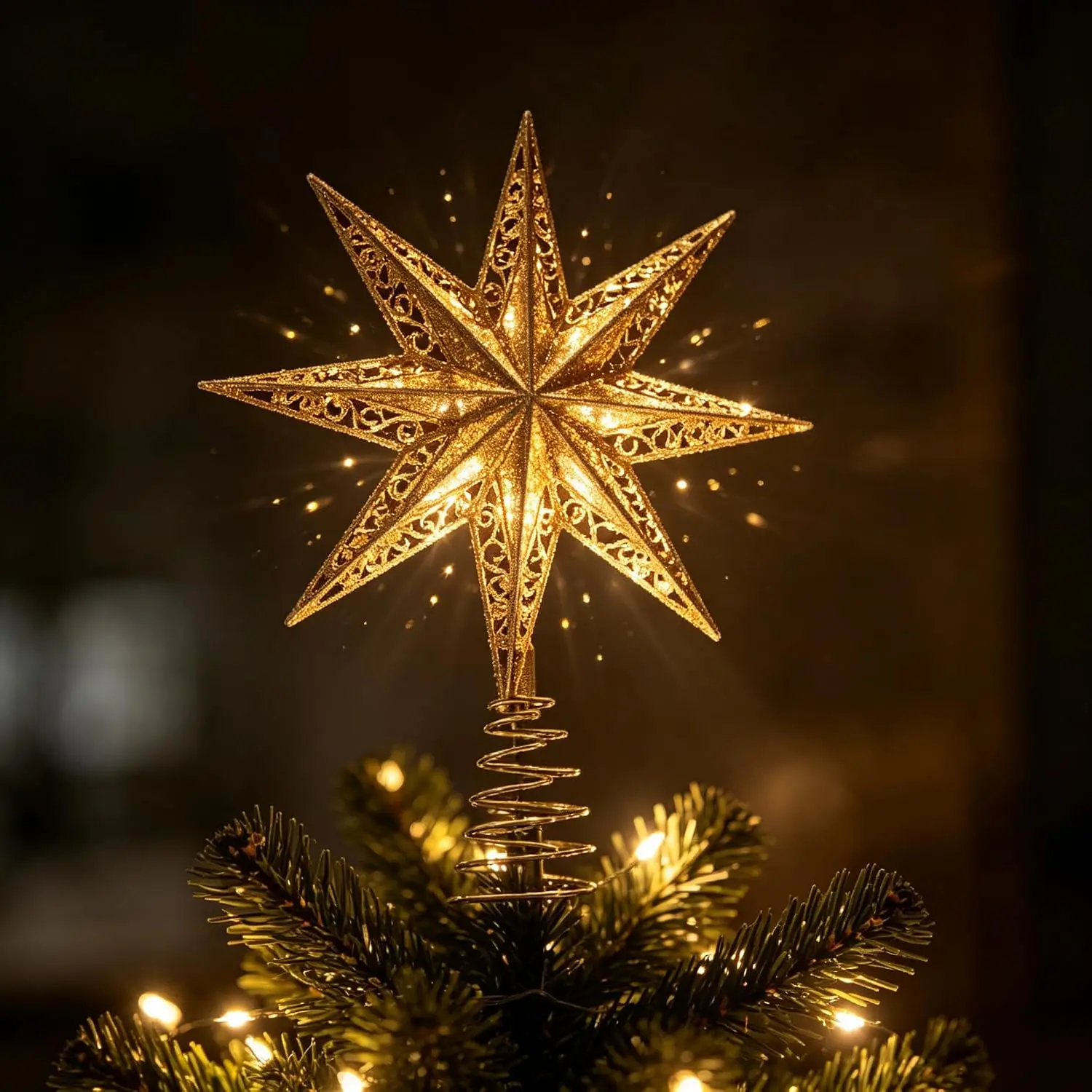 GAOMON Golden Hollow Star Christmas Tree Topper, Reflective Metal Decor
