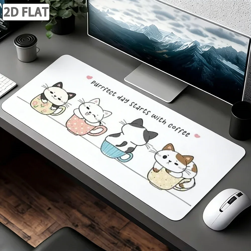 Cozy Cute Cat Coffee Mouse Pad, Durable Stitched Edge Non-Slip Rubber Base Desk Mat for Laptop PC Office Gaming, Purrfect Gift f