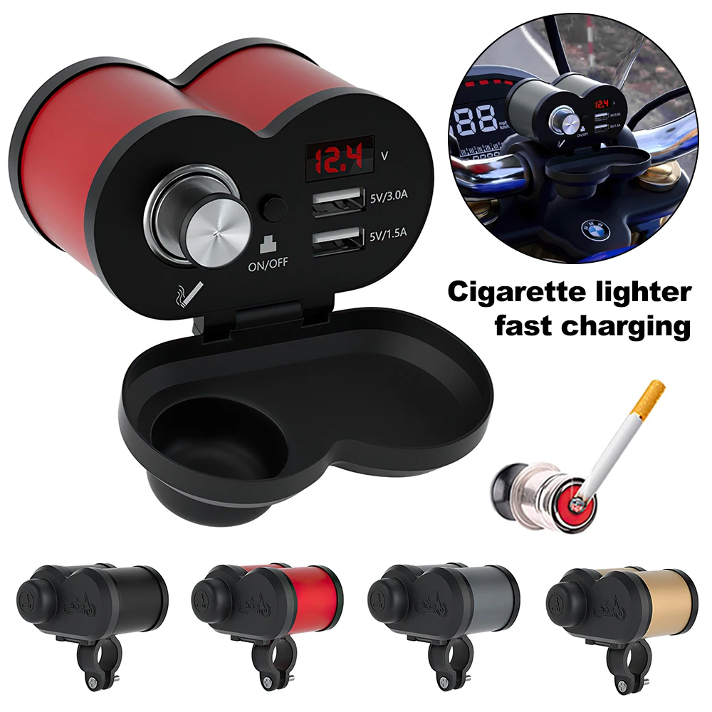 Motorcycle Cigarette Lighter QC 3.0 Quick Charge 5V 3.0A/1.5A Dual USB Motorcycle Handlebar Charger with Voltmeter Time Display