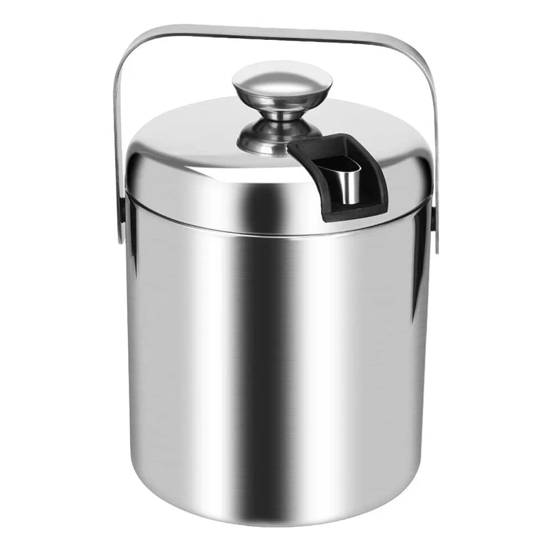 2X Stainless Steel Ice Square Container Double Walled 1.3L Ice Bucket Container With Tongs Lid