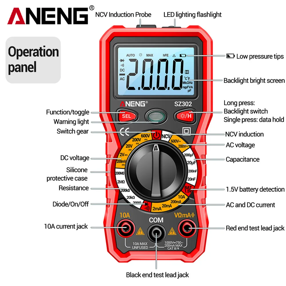 ANENG SZ302 profesjonalny multimetr cyfrowy AC/DC tester napięcia NCV detektor tester rezystancji Ohm amperomierz tester pojemności