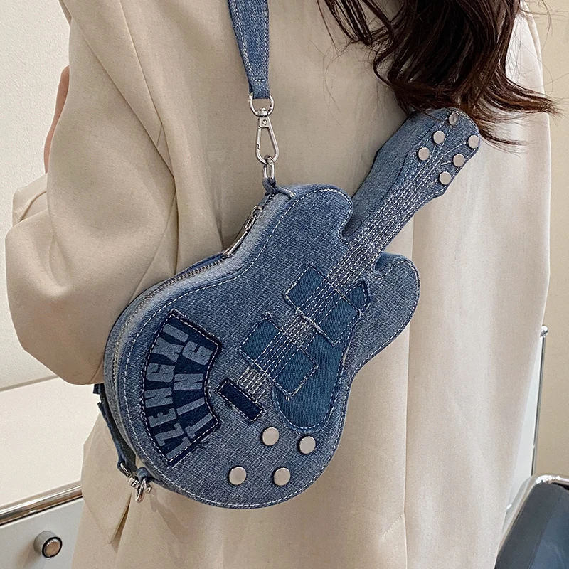 

Korean Style Guitar-Shaped Denim Crossbody Bag for Women, Trendy Patchwork Bohemian Shoulder Bag, Casual Boho Chic Daily Purse