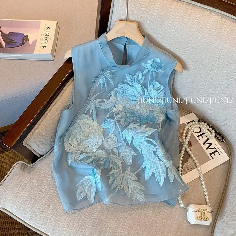 Chinese Style Vest Women Satin Tops Traditional Embroider Flower Tang Clothes Slip Button Qipao Hanfu Vest 2024 New Clothing