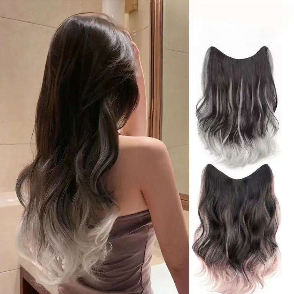 50cm Natural Fashionable Highlights Synthetic Wigs Gradient Color Long Slightly Curled Hair Cover Sweet Hairwear