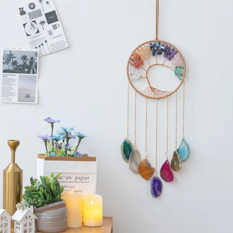 Natural Crystal Crushed Stone Colorful Agate Slices Tree of Life Large Circle Wind Chime Wall Handmade Pendant