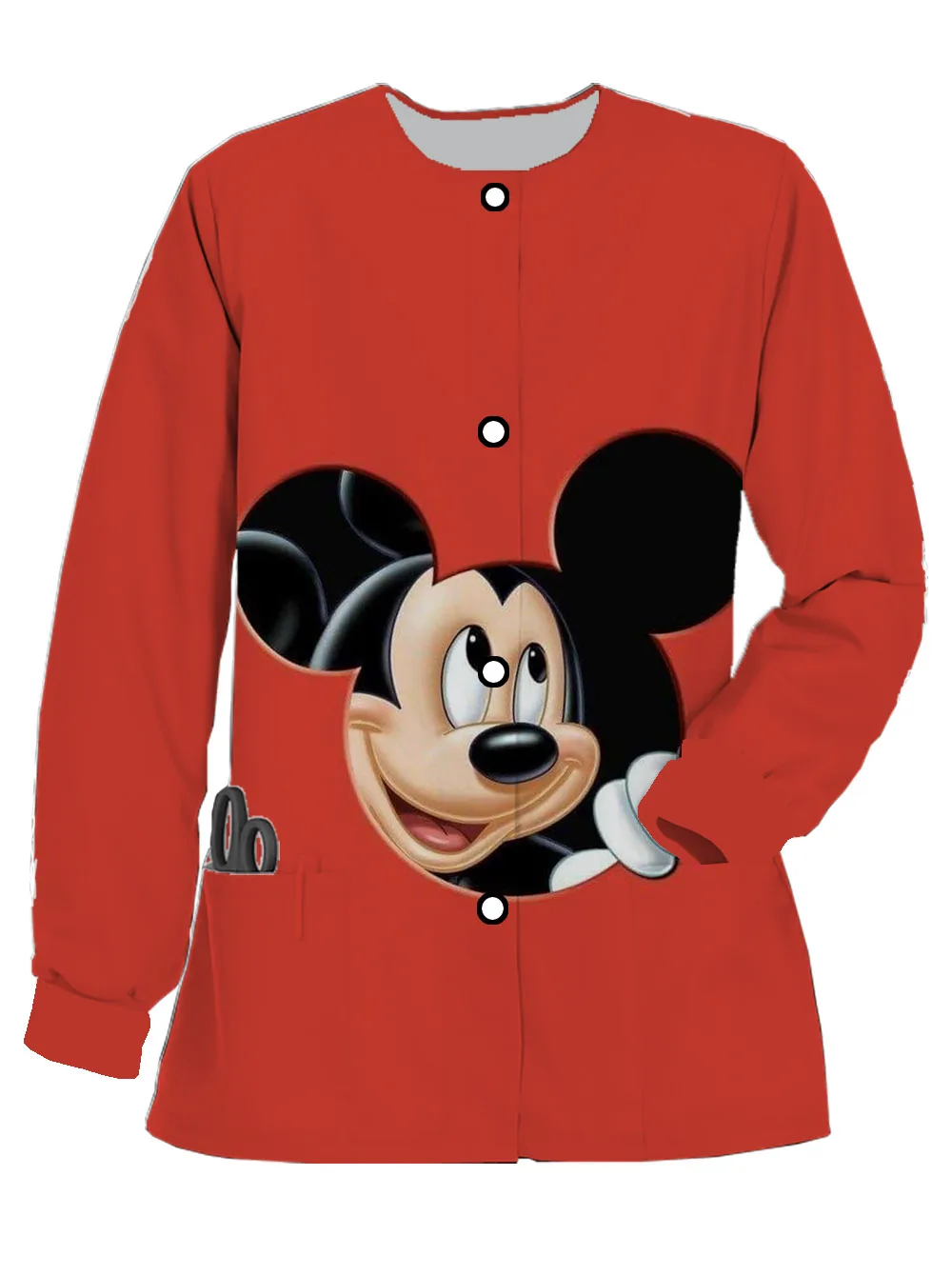 Neue Disney Mickey Minnie Print Damen Langarm Scrub Krankenschwester Strickjacke Jacke Frühling und Herbst Zahnarzt Taschenarbeitsuniform