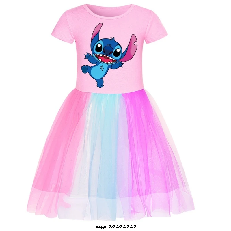 Abbigliamento per bambini Ragazze vestono Lilo e Stitch Summer Lace Cartoon Foreign Tide Borsa per abito a pieghe bella principessa per bambini