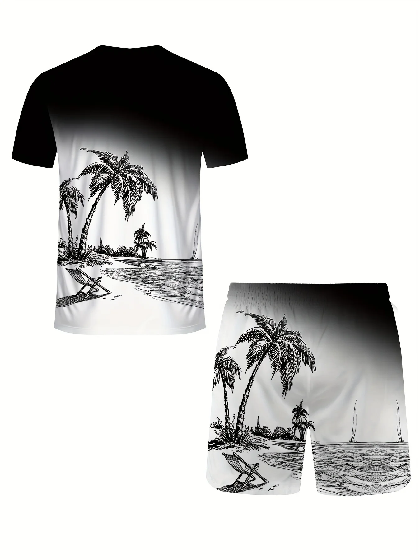 Summer series men's gradient coconut tree print breathable round neck T-shirt shorts set outdoor two-piece set