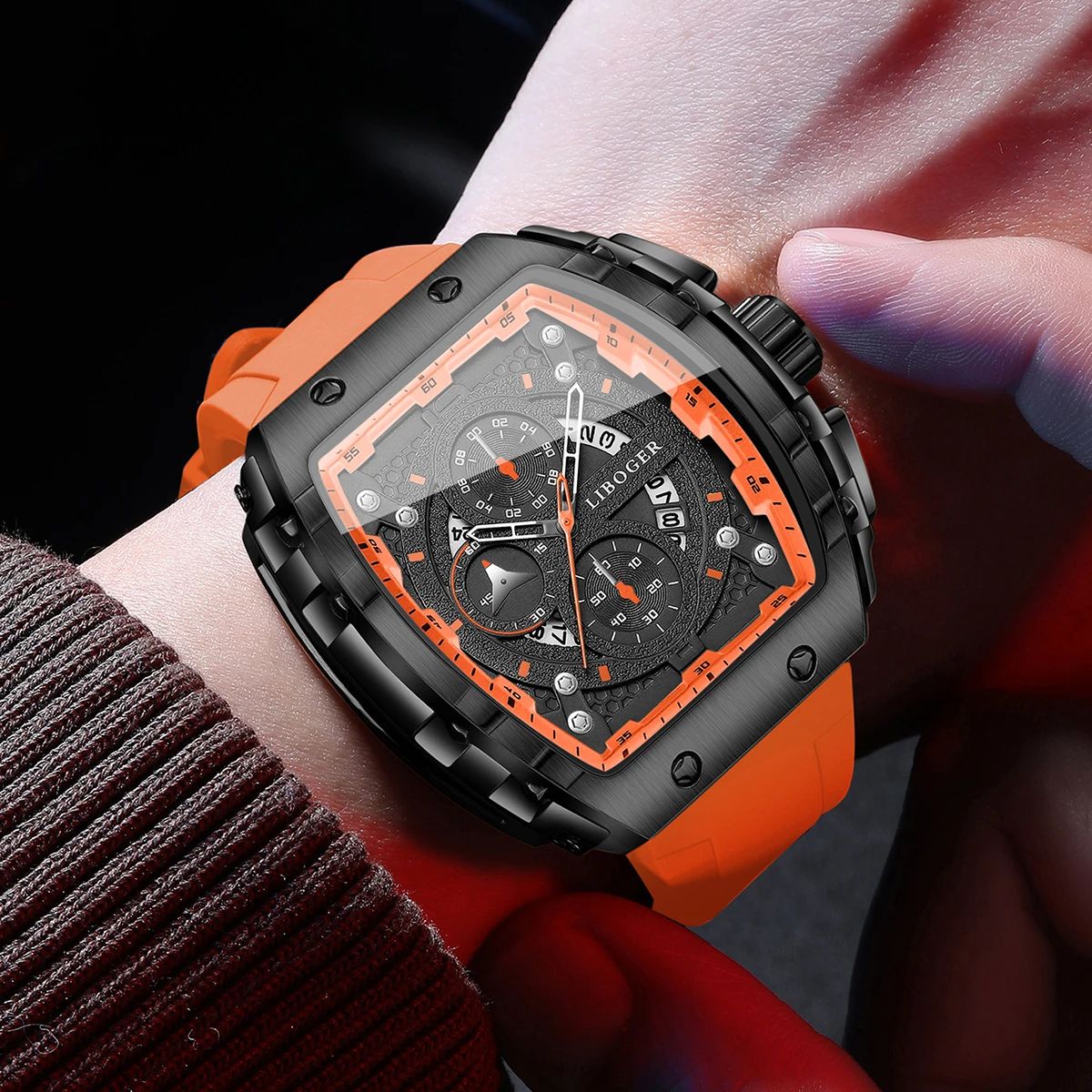 Fashion Tonneau Men Sports Quartz Watch Orange Silicone Strap Large Dial Calendar Wrist Watches Relogio Masculino（Without Box