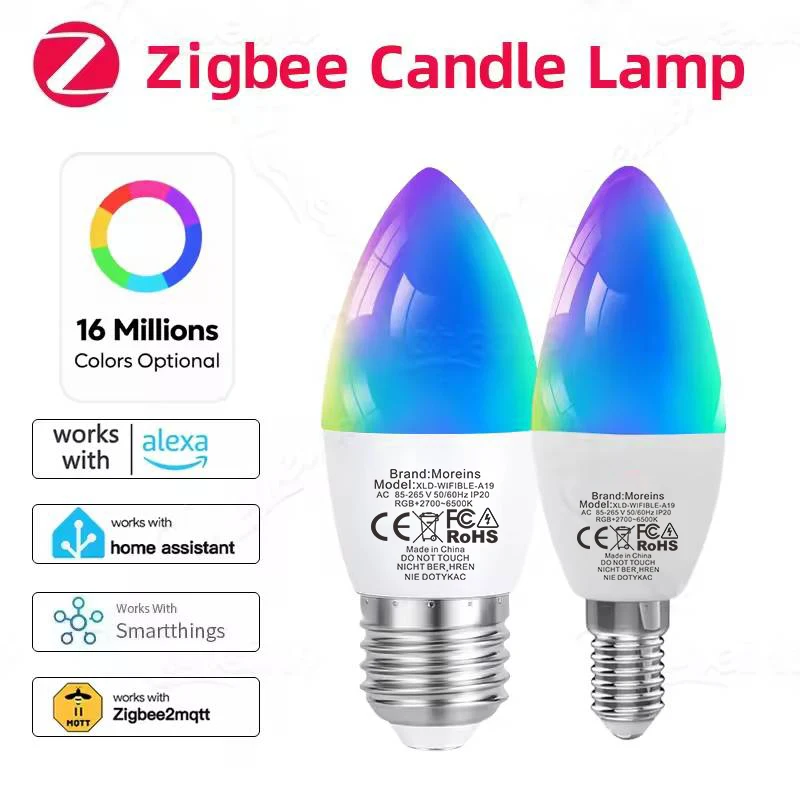 Zigbee 3.0 E14 E12 E27 B22 Smart Candle Lamps 110V 220V RGBCW Works With Echo Plus Home Assistant APP Voice Control Zigbee2MQTT