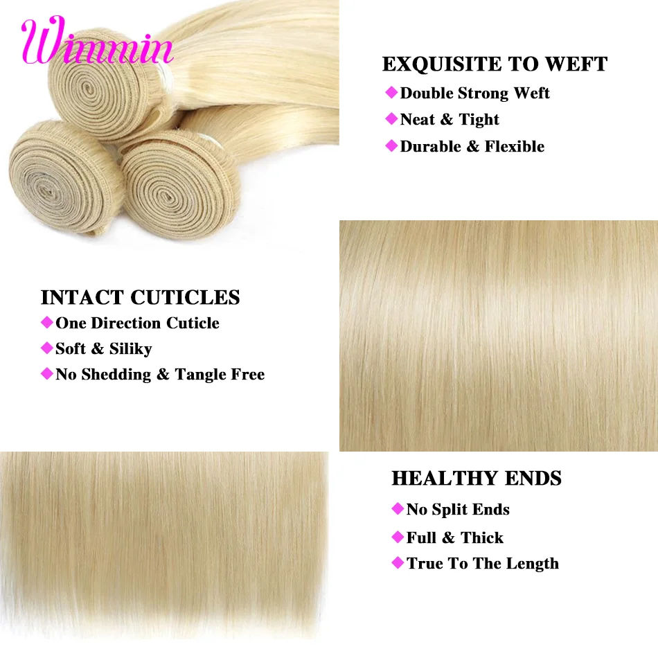 Wimmin-Extensions de cheveux humains 100% naturels, mèches brésiliennes, vierges, 613 humains, 12A, 1/2/3 pièces