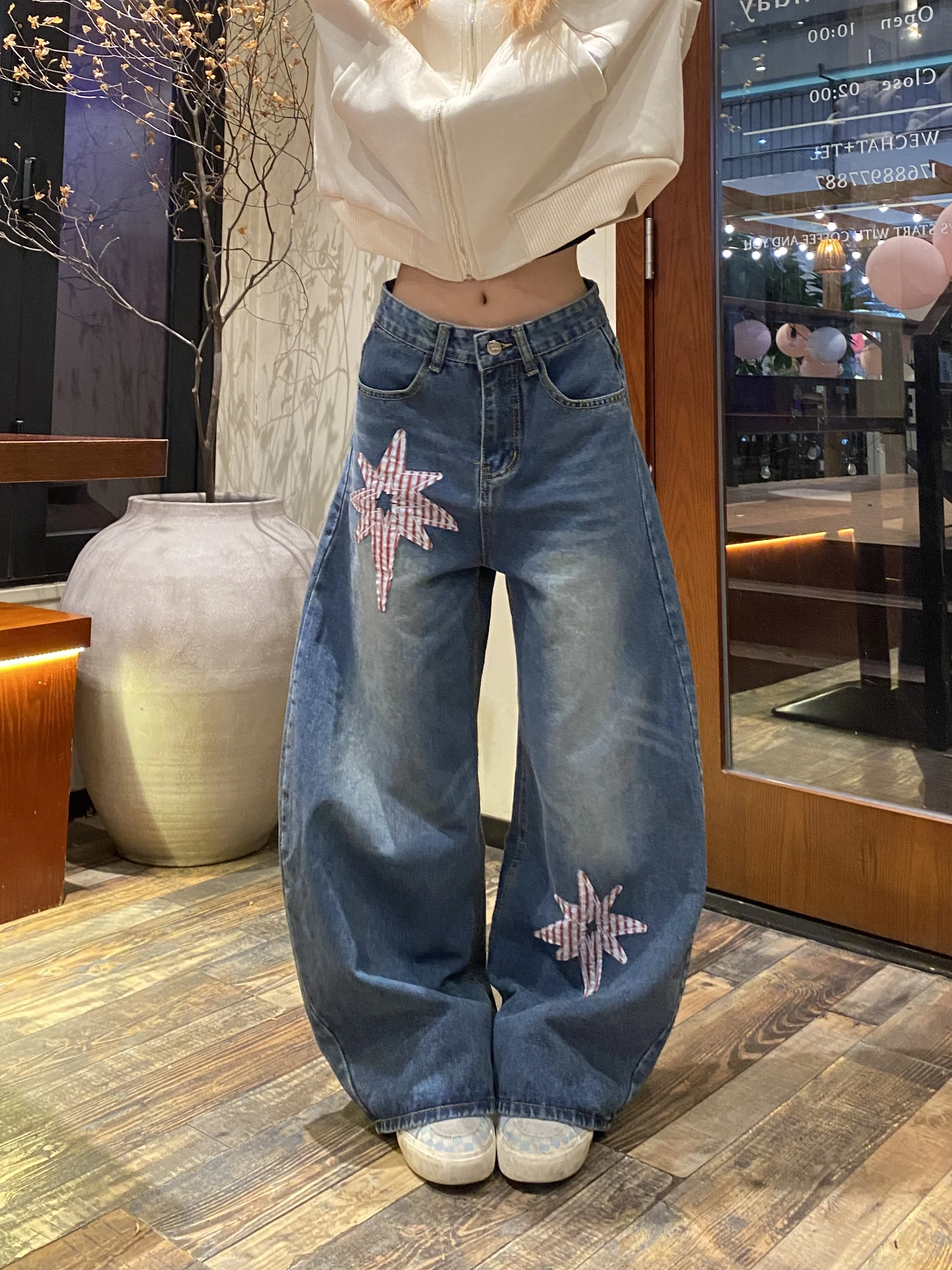

High Waist Wide Leg Jeans Women's Casual Style Star Patched Bootcut Denim Pants Loose Fit Slimming Long Trousers