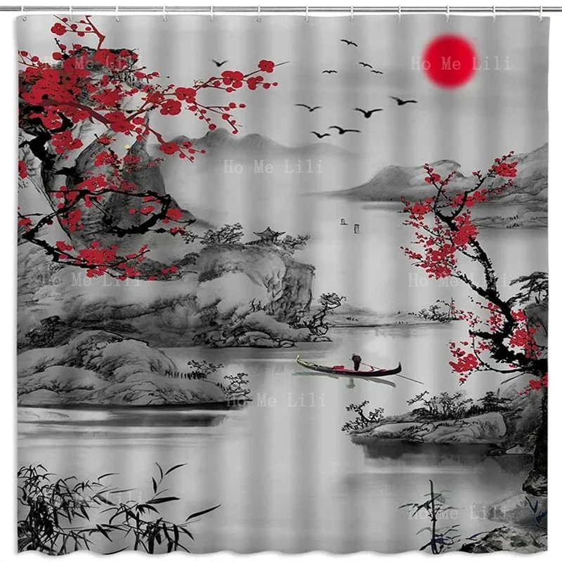 

Asian Traditional Ink Red Plum Blossom Branch Sun And Misty Mountains Watercolor Polyester Fabric Shower Curtains